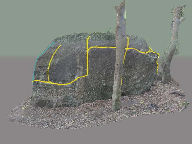 Visão 3D da parede Bote Certo com vias de escalada