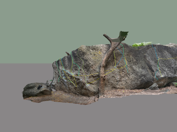 Visão 3D da parede Buracos com vias de escalada