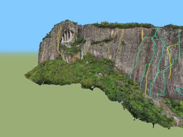 Visão 3D da parede Cantagalo com vias de escalada