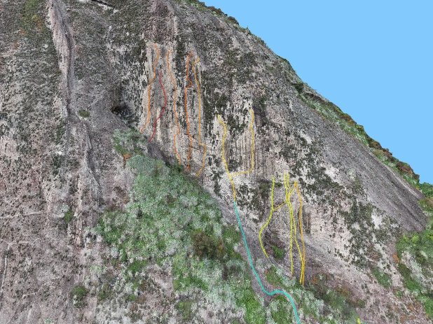 Visão 3D da parede Chacrinha com vias de escalada
