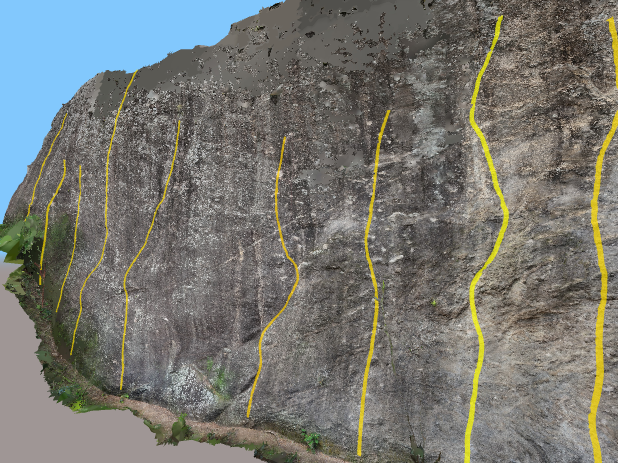 Visão 3D da parede Esportivas Cantagalo com vias de escalada