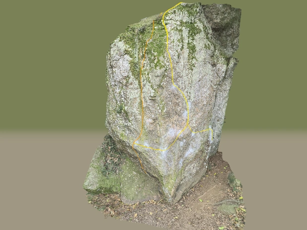 Visão 3D da parede Esquina do Gringo com vias de escalada