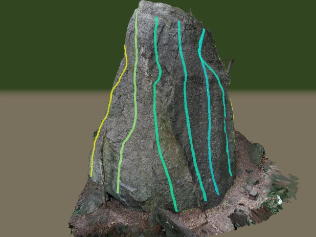 Visão 3D da parede Graalzinho com vias de escalada