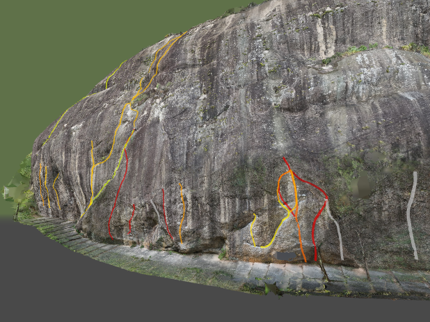 Visão 3D da parede Platô da Lagoa com vias de escalada