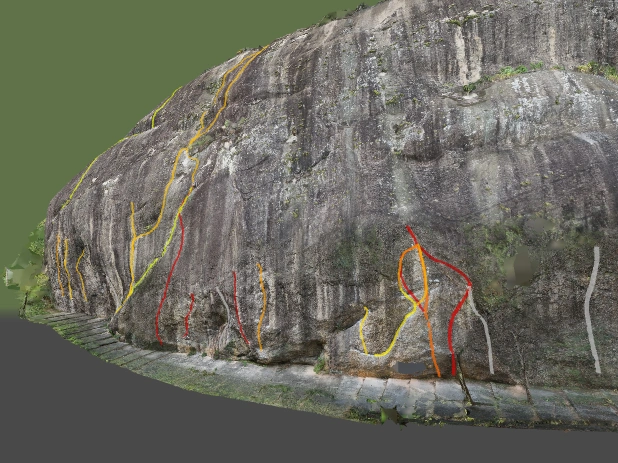 Visão 3D da parede Platô da Lagoa com vias de escalada