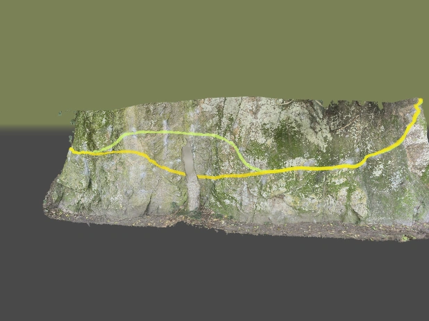 Visão 3D da parede Travessia Rio-Terê com vias de escalada