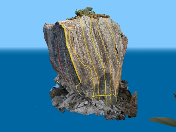 Visão 3D da parede Pedra do Urubu com vias de escalada